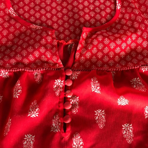 Lucky Brand XS Peasant Blouse Bright Red Chiffon Printed Bohemian Cowgirl - Picture 4 of 7